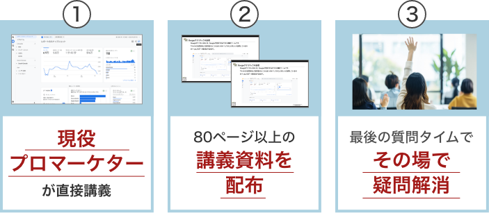 プロのマーケターが直接講義、80ページ以上の講義資料を配布、その場で疑問解消
